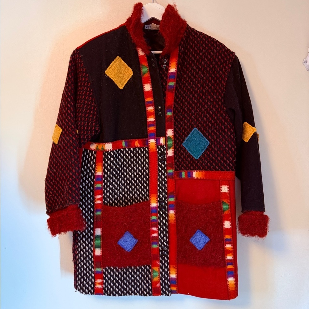 Coloratura Southwestern Western Aztec Patchwork Wool Jacket Mid Length Lg VTG